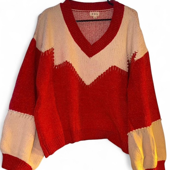 POL Women Red Cream Oversized Chenille Sweater Embellished Pearl Silver Accents - Picture 2 of 9